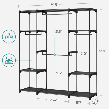 Portable Freestanding Closet Organiser with Shelves & Hanging Rods | Black