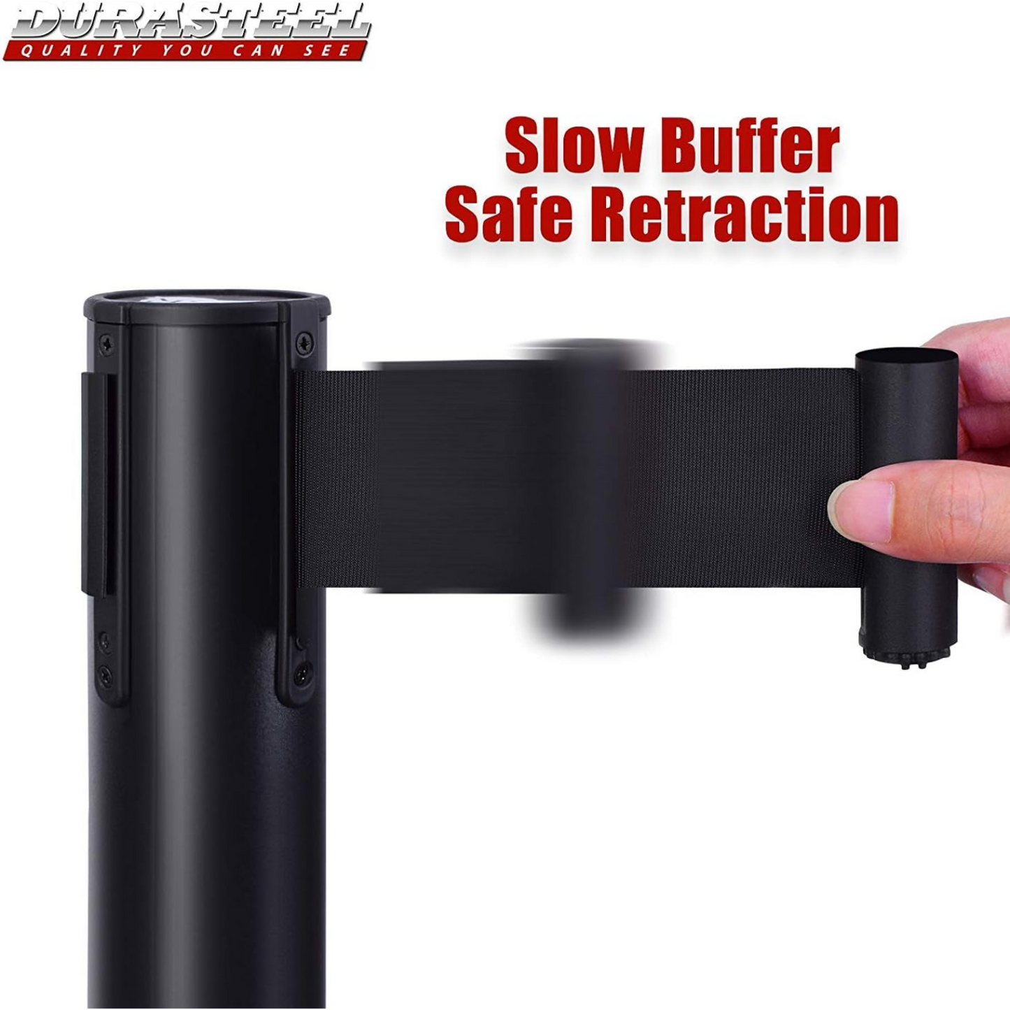 Heavy Duty Crowd Control Stanchion – Premium Steel Black Stanchions – 6.5 Feet Black Retractable Belt – Safety Barrier Stands & Line Dividers – Set of 6