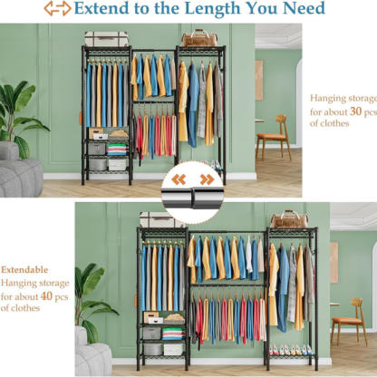 Heavy-Duty Expandable Clothes Rack with Shelves & Hanging Rods | Black