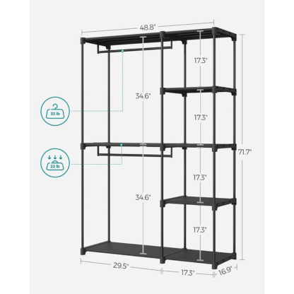 Freestanding Garment Rack with Fabric Shelves & Double Hanging Rods | Black