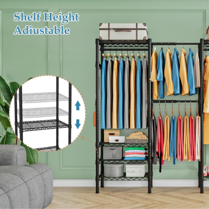 Heavy-Duty Expandable Clothes Rack with Shelves & Hanging Rods | Black