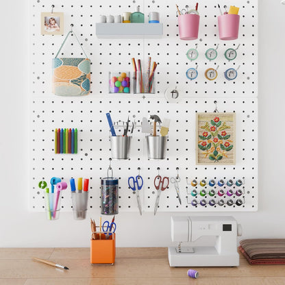 Wall Mounted Steel Pegboard Tool Organizer | Garage Storage Panel with 12 Hooks (Black & White)