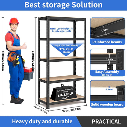 5-Tier Shelving Unit, for Shed Warehouse Basement Kitchen 90L x 40D x 180H cm