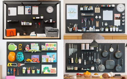 Wall Mounted Steel Pegboard Tool Organizer | Garage Storage Panel with 12 Hooks (Black & White)