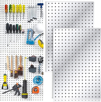 Wall Mounted Steel Pegboard Tool Organizer | Garage Storage Panel with 12 Hooks (Black & White)
