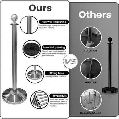 I Best Round Top Polished Stainless Stanchions Posts Queue Pole, Rope Barriers Stanchion Set, with 5Ft Red Velvet Rope