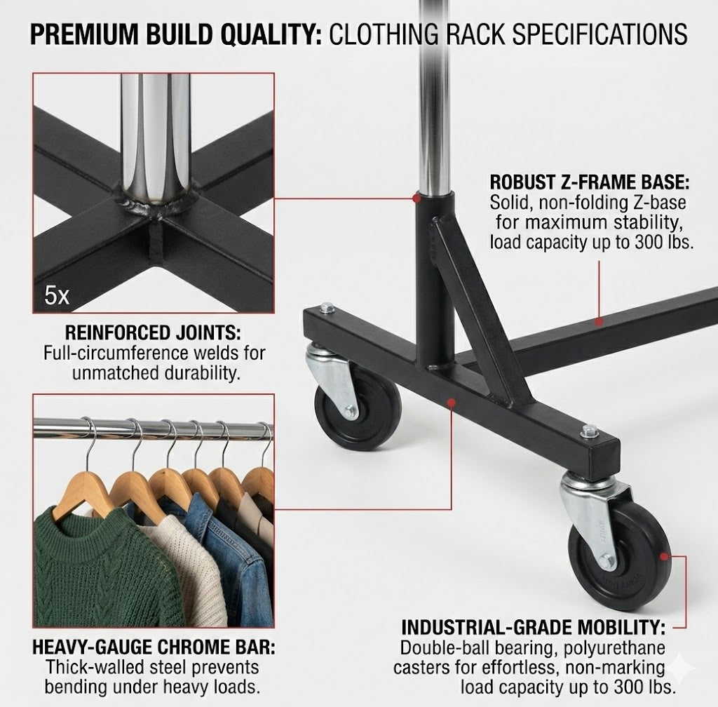 Z-Type Garment Rack 160cm Black & Chrome | Heavy Duty Clothes Rack