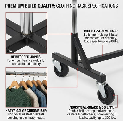 Z-Type Garment Rack 160cm Black & Chrome | Heavy Duty Clothes Rack