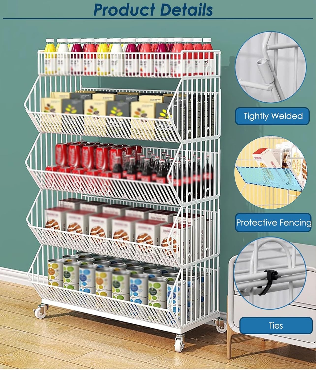 L 70 x W 40 x H 140cm Chips Snacks Kitchen Retail Rack  Basket Folding Black / Chrome / white