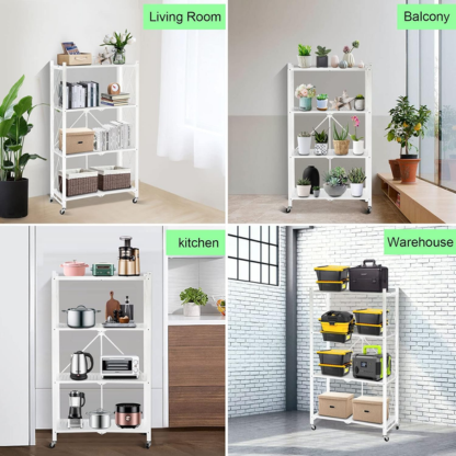 5-Tier Foldable Metal Storage Rack with Wheels | Multipurpose Shelving Unit Black & White