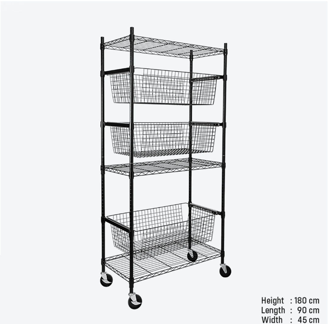 Black Epoxy Chrome Carbon Steel Rack with 3 Baskets and 3 Fixed Shelves