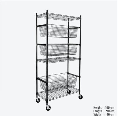 Black Epoxy Chrome Carbon Steel Rack with 3 Baskets and 3 Fixed Shelves