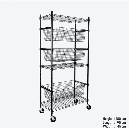 Black Epoxy Chrome Carbon Steel Rack with 3 Baskets and 3 Fixed Shelves