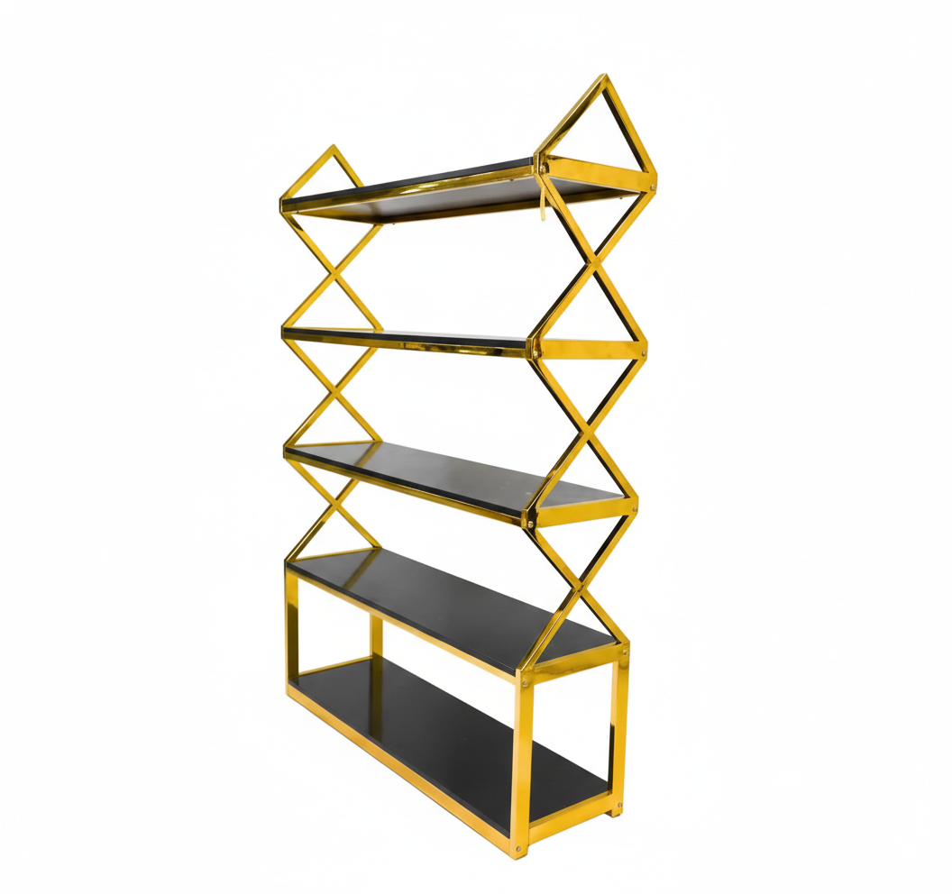 Display Shelving Stand | 5-Tier | Stainless Steel | Gold Frame With Black Wood Shelves