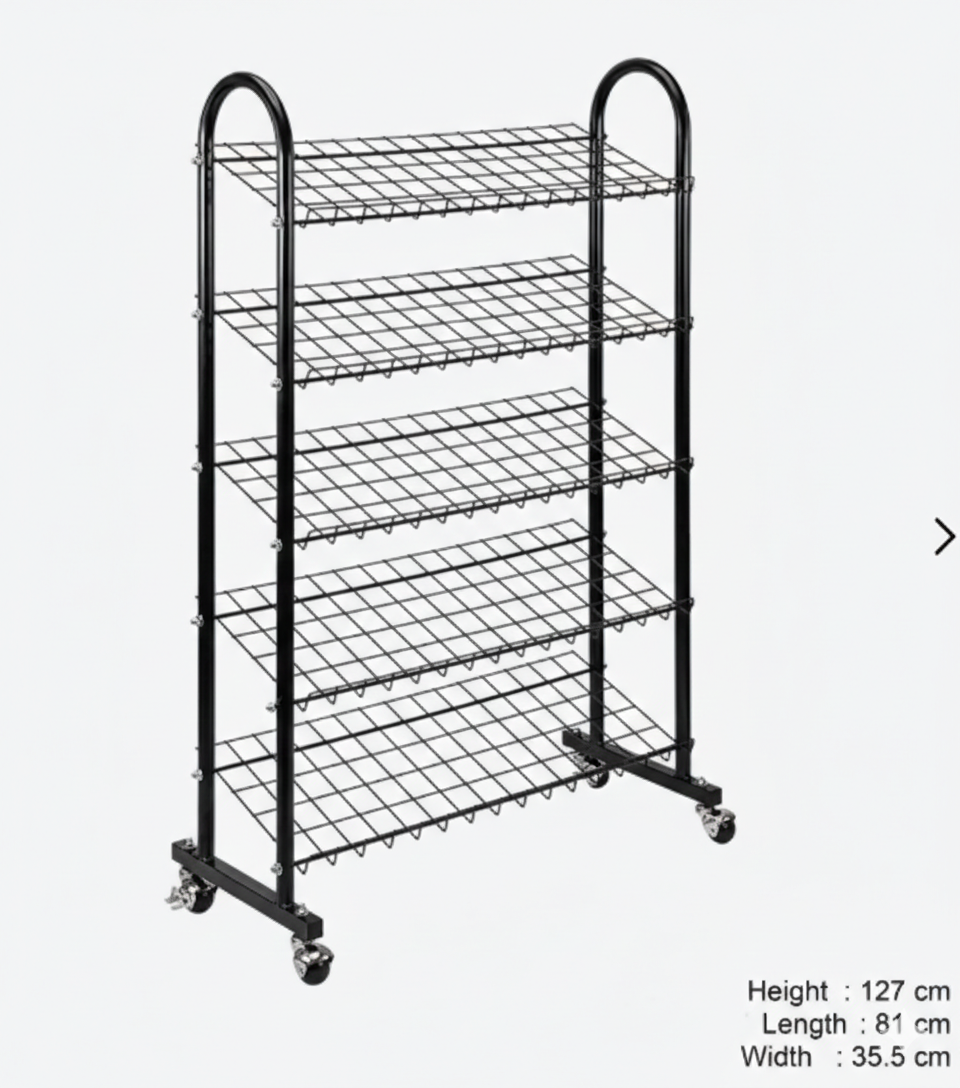 5-Tier Metal Shoe Organizer Stand | Black Grid Shelving (127cm Height)