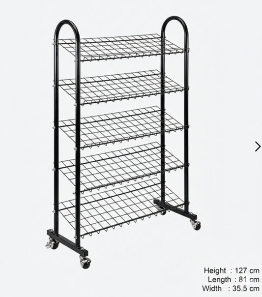 5-Tier Metal Shoe Organizer Stand | Black Grid Shelving (127cm Height)
