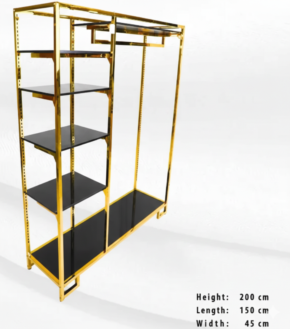 Gold Metal Clothes Stand with Hanging Bar & Black Shelves | Modern Garment Rack