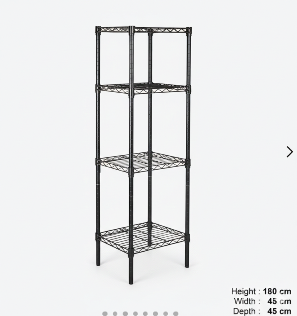 4-Tier Wire Shelving Rack 180cmx45x45 | Heavy Duty Carbon Steel | Black Epoxy Coating