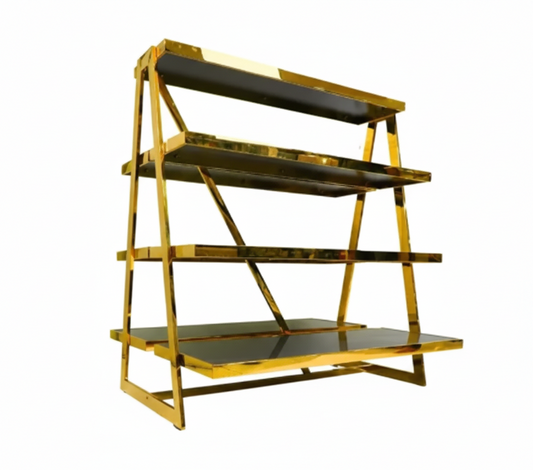 4-Tier Display Stand | Stainless Steel | Gold Frame with Wood Shelves