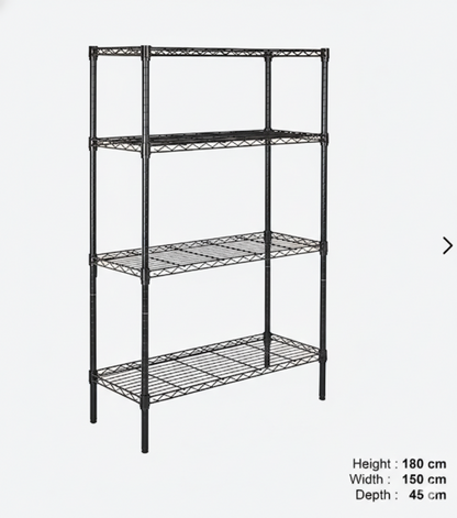 4-Tier Wire Shelving Rack 180cmx45x45 | Heavy Duty Carbon Steel | Black Epoxy Coating
