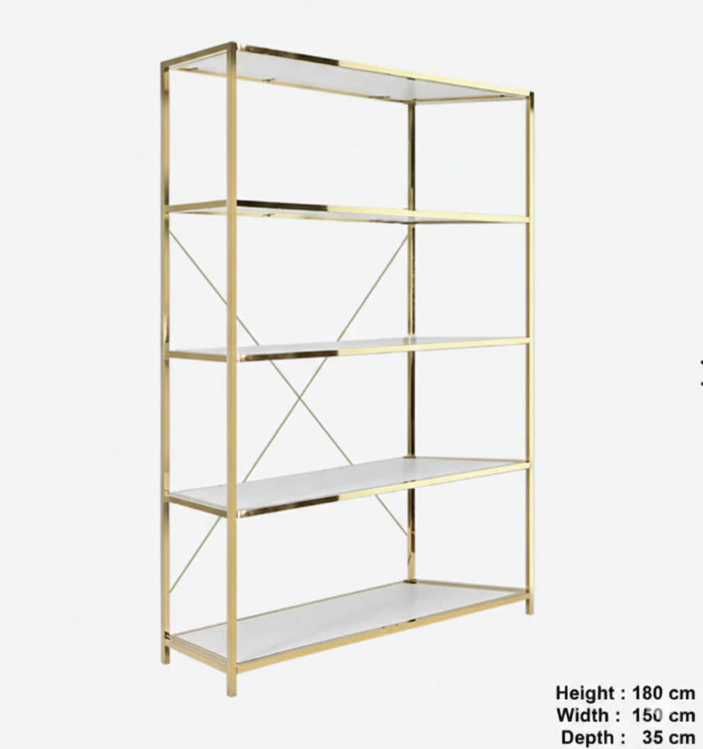 5 Tier, Gold Metal and White Wood Shelves With Metal Shelving Unit