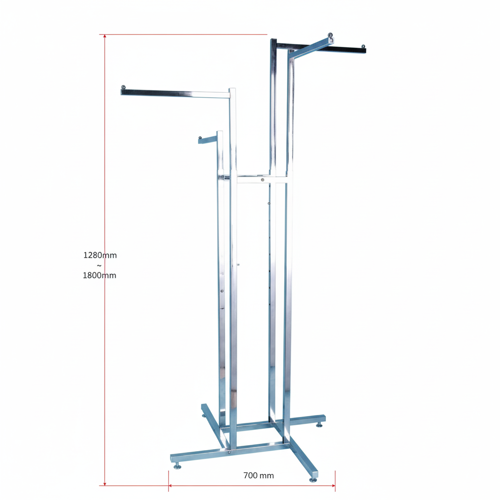 4-Way Garment Display Rack 16" Arms | Chrome Clothing Store Fixture | Retail Floor Rack
