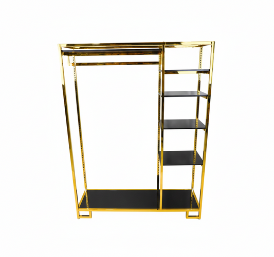 Gold Metal Clothes Stand with Hanging Bar & Black Shelves | Modern Garment Rack