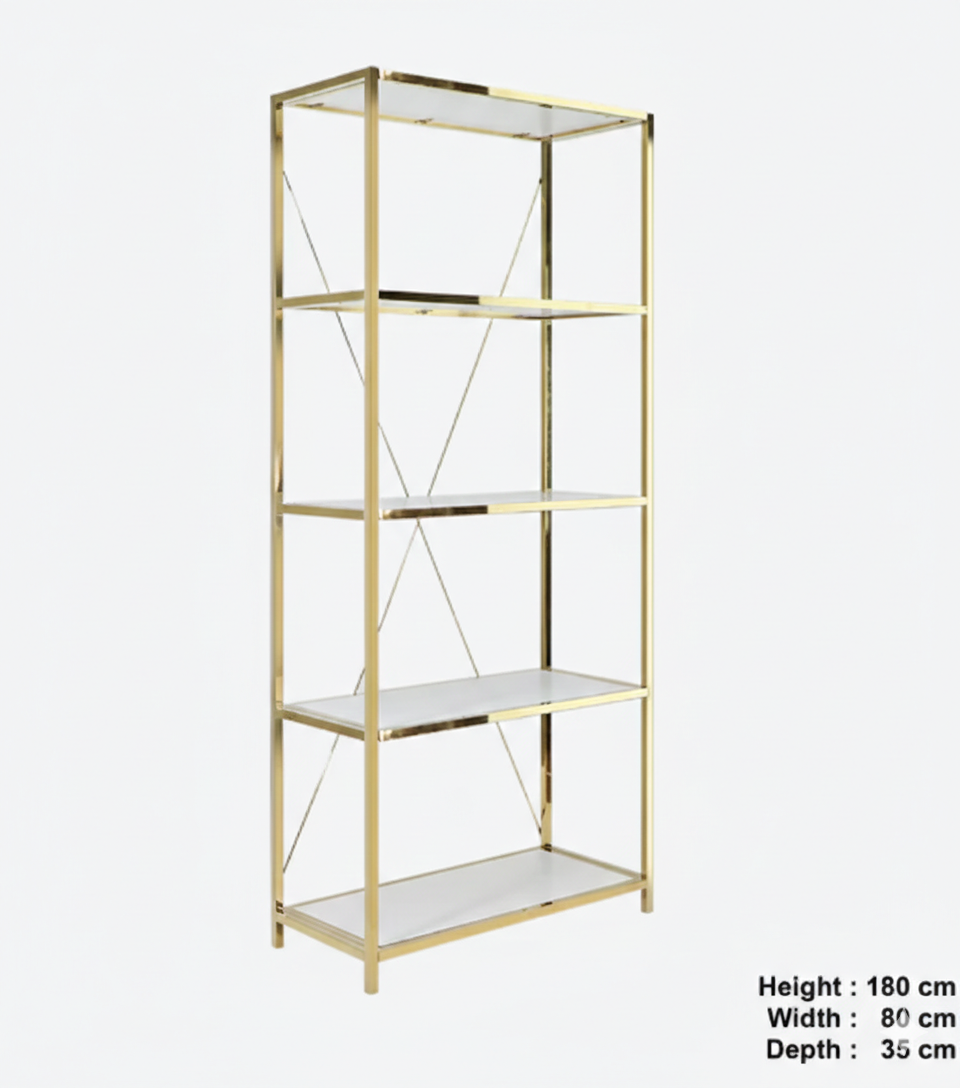 5 Tier, Gold Metal and White Wood Shelves With Metal Shelving Unit