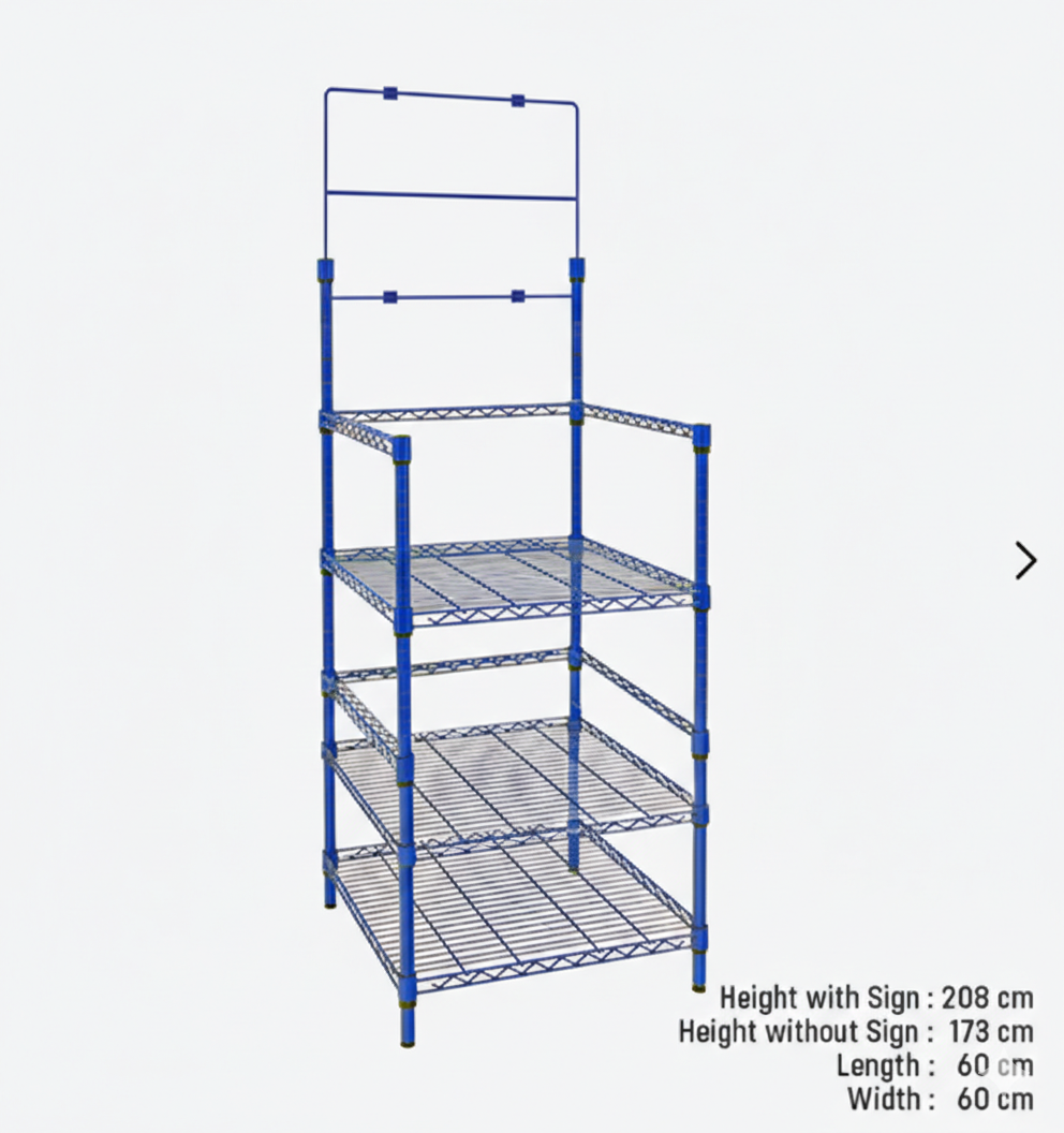 3-Tier Blue Metal Shelving Rack for Water Bottles with Sign Holder | 208cm Tall