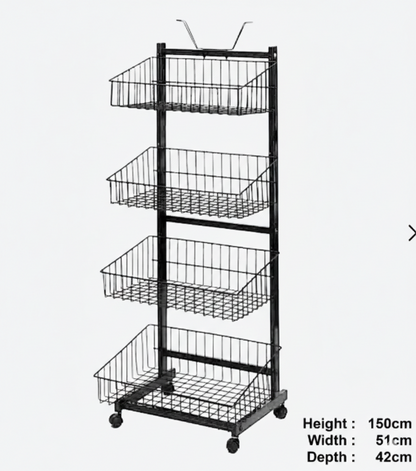 Metal Display Stand, 4-Tier with Wire Baskets, and Wheels