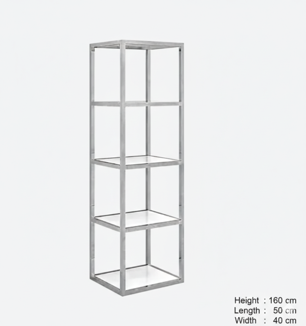 5 White MDF Tiers Freestanding , Stainless Steel,  Metal Display