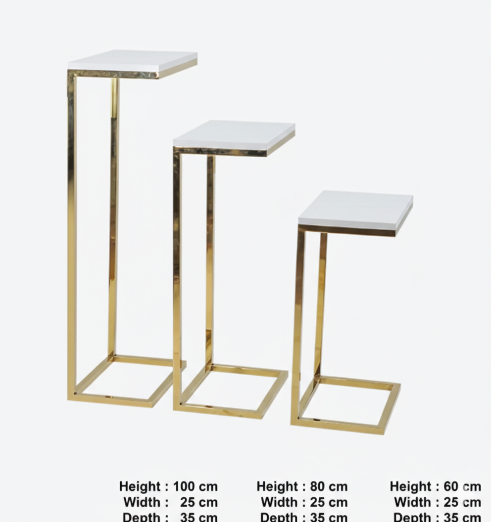 Metal Table With Gold Base and White Wood Top | Set of 3 Pcs