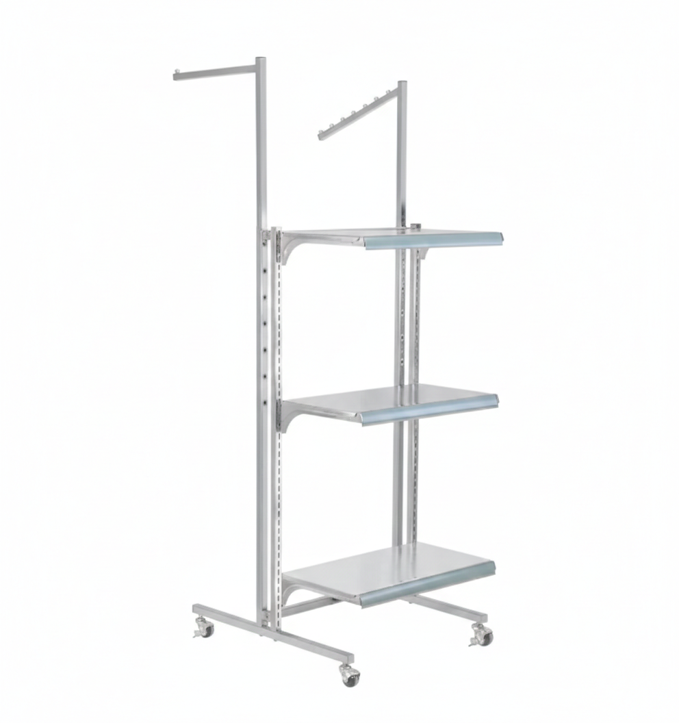Display Stand, 3 Shelves, 2 Arms, Adjustable, Metal, Chrome Plated, with Wheels