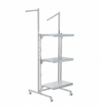 Display Stand, 3 Shelves, 2 Arms, Adjustable, Metal, Chrome Plated, with Wheels