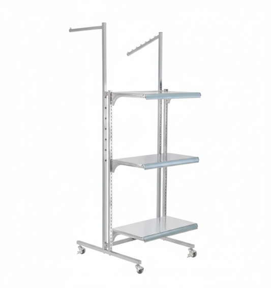 Display Stand, 3 Shelves, 2 Arms, Adjustable, Metal, Chrome Plated, with Wheels