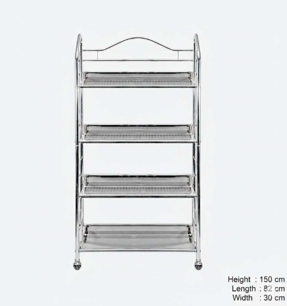 4-Tier Chrome Plated Metal Shelving Unit | Trolley |  Space For Organizing Items.