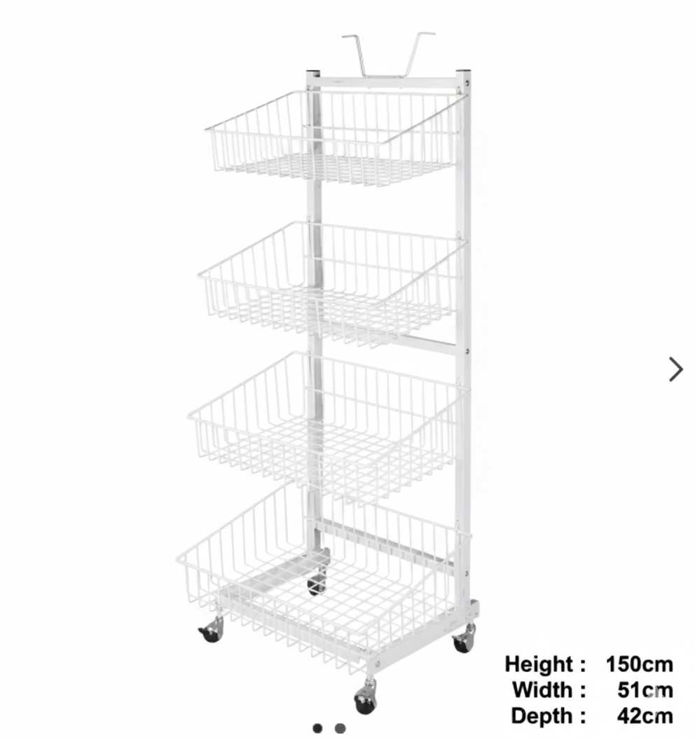 Metal Display Stand, 4-Tier with Wire Baskets, and Wheels