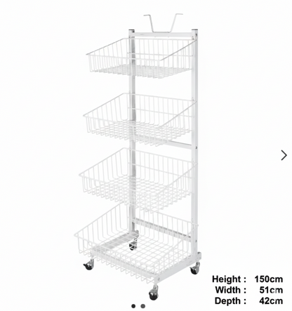 Metal Display Stand, 4-Tier with Wire Baskets, and Wheels