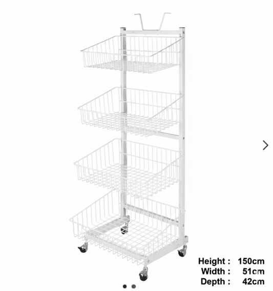 Metal Display Stand, 4-Tier with Wire Baskets, and Wheels