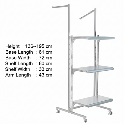 Display Stand, 3 Shelves, 2 Arms, Adjustable, Metal, Chrome Plated, with Wheels