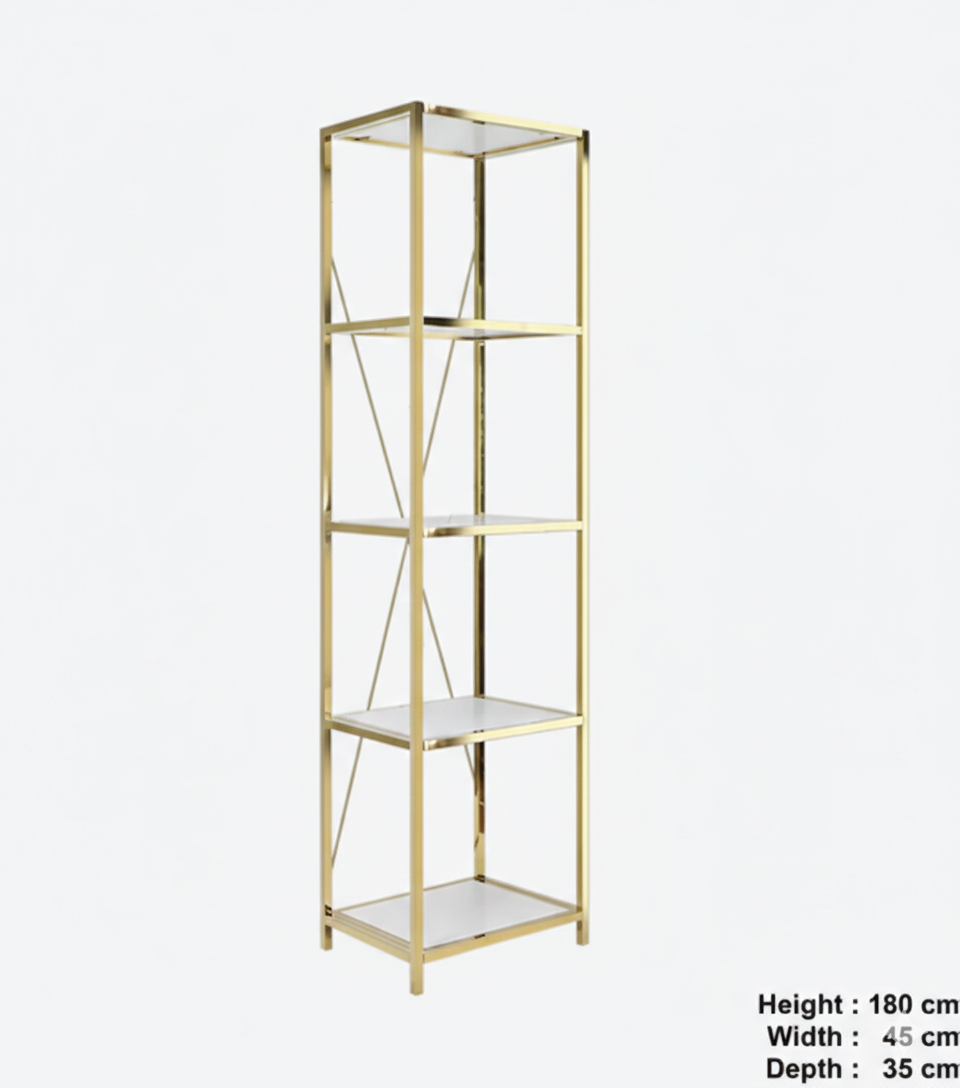 5 Tier, Gold Metal and White Wood Shelves With Metal Shelving Unit