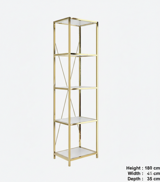 5 Tier, Gold Metal and White Wood Shelves With Metal Shelving Unit