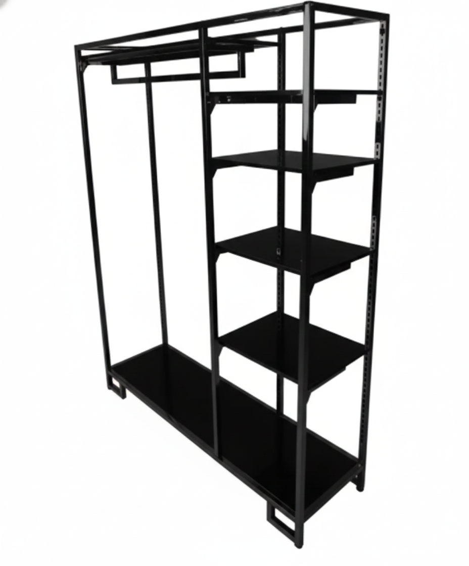 Gold Metal Clothes Stand with Hanging Bar & Black Shelves | Modern Garment Rack