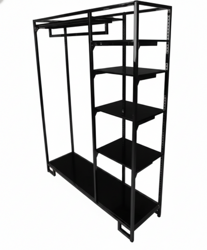 Gold Metal Clothes Stand with Hanging Bar & Black Shelves | Modern Garment Rack