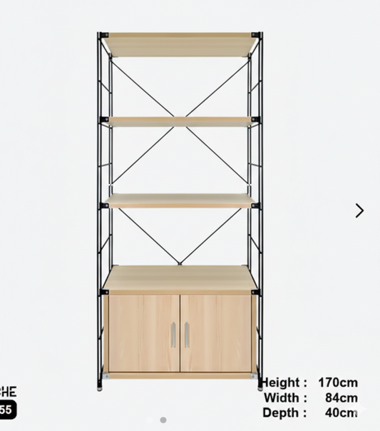 4-Tier Metal Shelving Unit with Wooden Cabinet & Shelves – 170cm x 84cm x 40cm