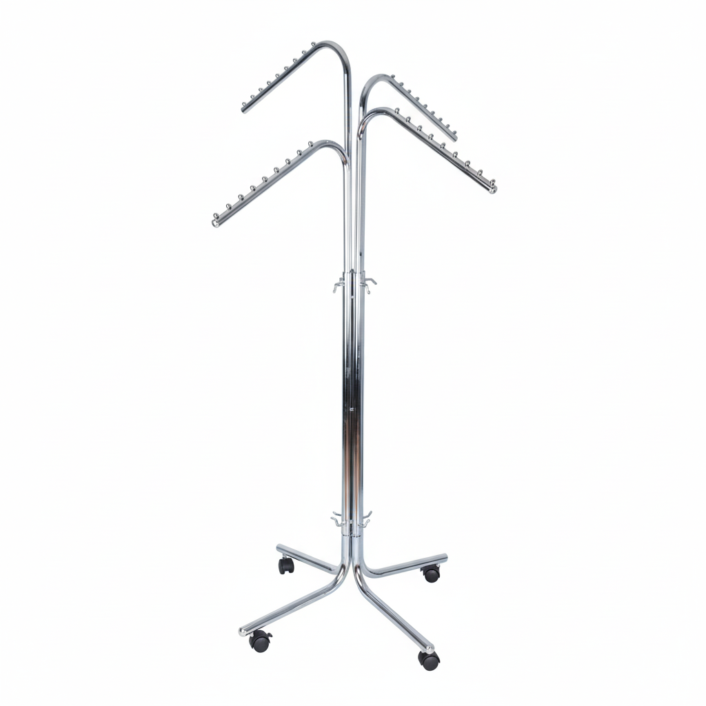 4-Way Garment Rack Chrome | Adjustable Retail Clothes Display Stand