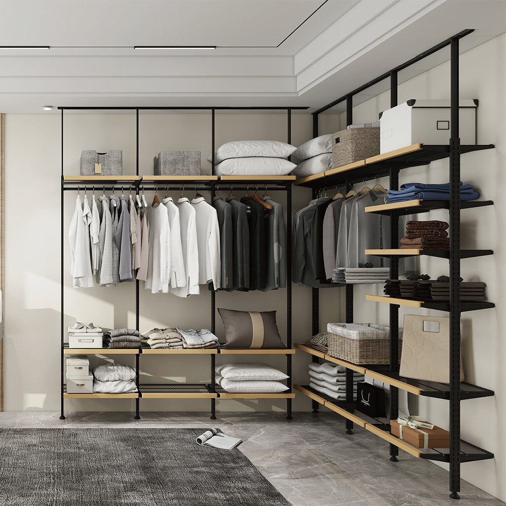 Wall-Mounted Wardrobe Organizer | Modular Closet System with Wire Shelving & Garment Rail | Matte Black