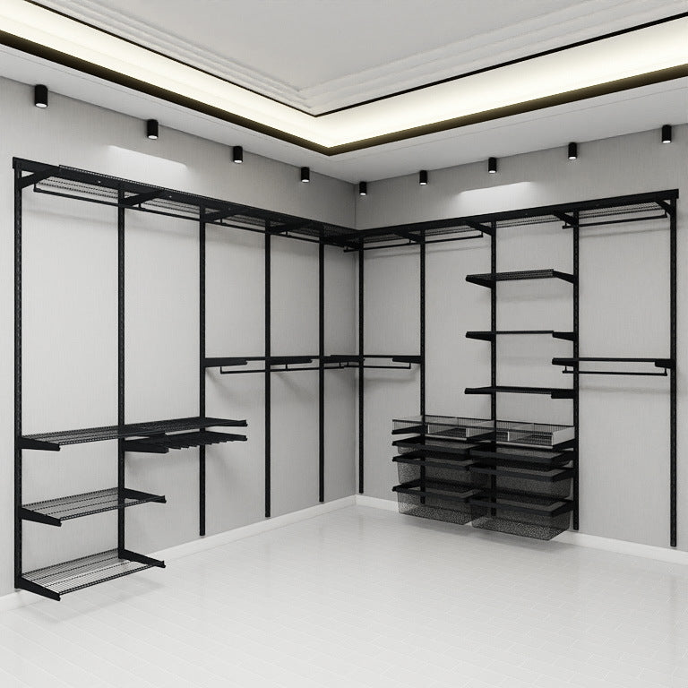 Wall-Mounted Wardrobe Organizer | Modular Closet System with Wire Shelving & Garment Rail | Matte Black
