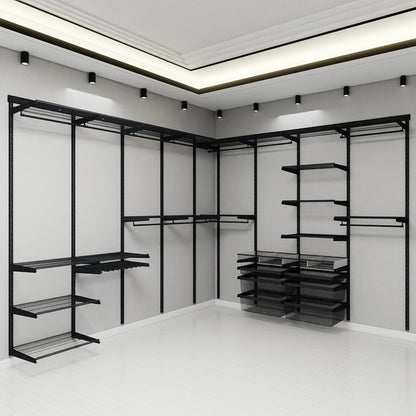 Wall-Mounted Wardrobe Organizer | Modular Closet System with Wire Shelving & Garment Rail | Matte Black