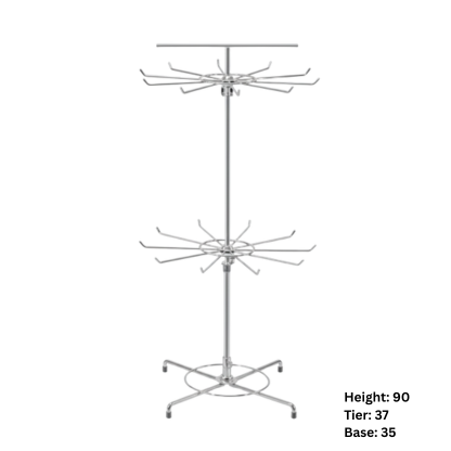 2-Tier Rotating Spinner Display Rack | Desktop & Floor Merchandising Stand with 24 Hooks
